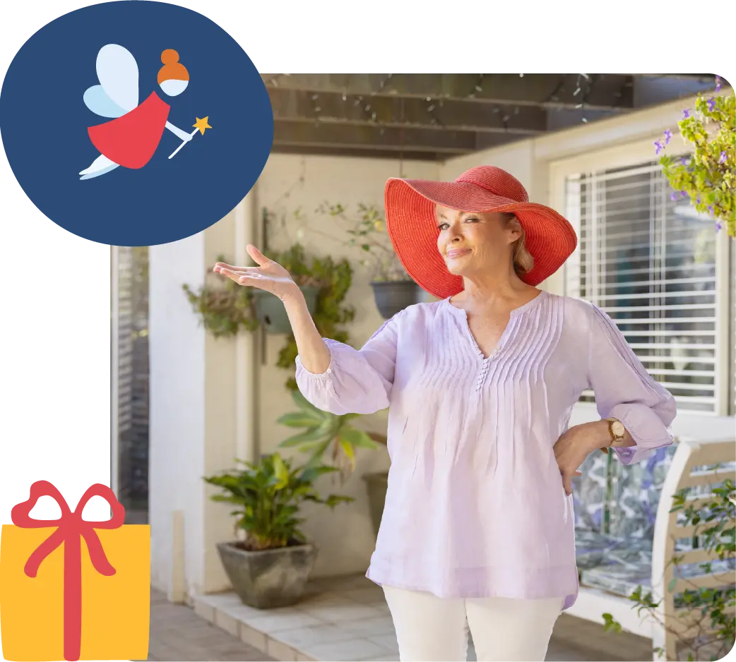 Photo of Paula Duncan smiling with fairy icon overlay