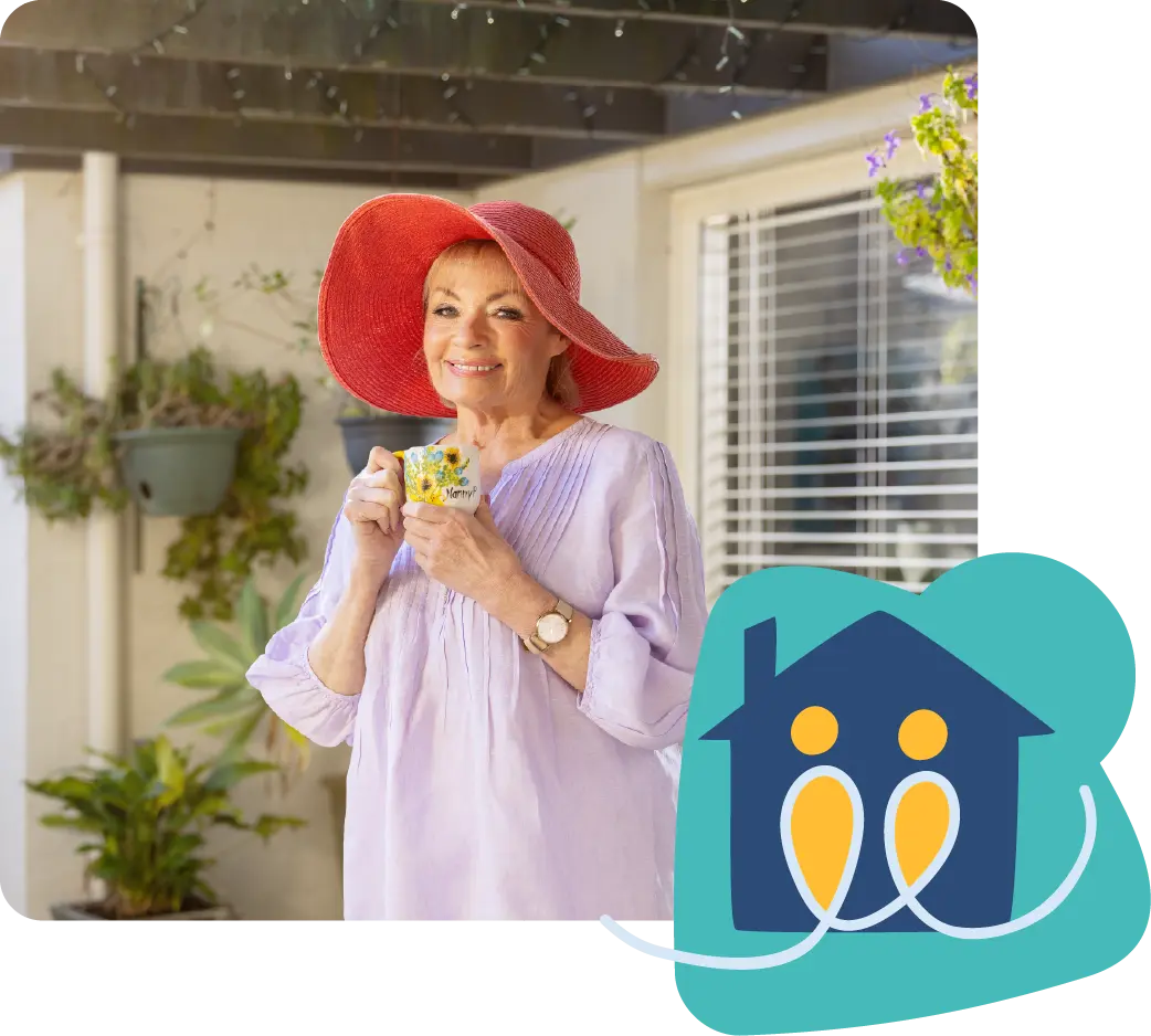 Paula Duncan smiling in the backyard while enjoying coffee, with a house icon showing people inside representing togetherness