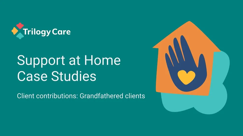 Trilogy Care illustration with orange house, Trilogy Care logo and white logo with text 'Support at Home Case Studies - grandfathered clients'